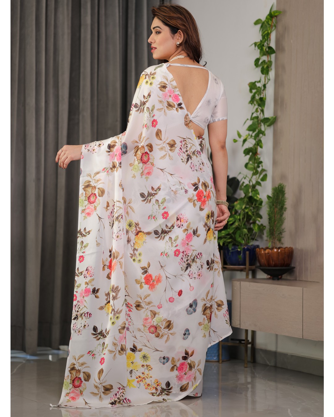 Women’s Fancy Satin Georgette Floral Printed Saree with Attached BP (Pack of 1)