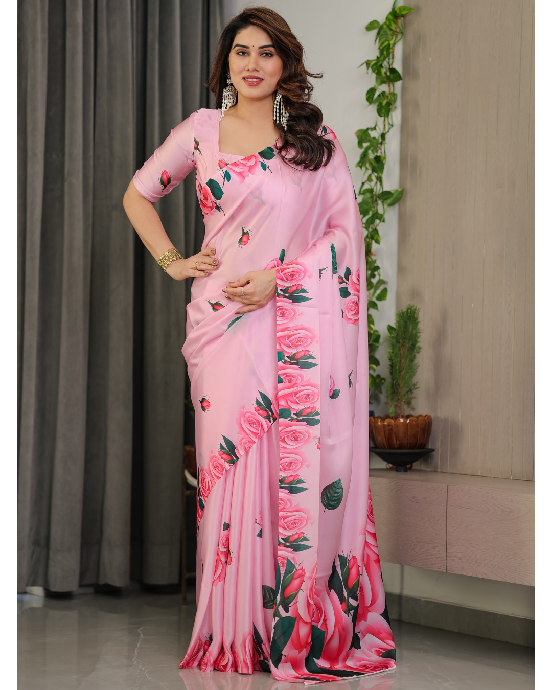 Women’s Fancy Satin Georgette Floral Printed Saree with Attached BP (Pack of 1)