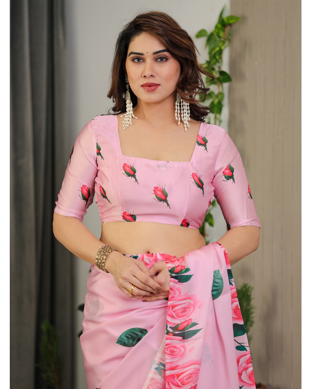 Women’s Fancy Satin Georgette Floral Printed Saree with Attached BP (Pack of 1)