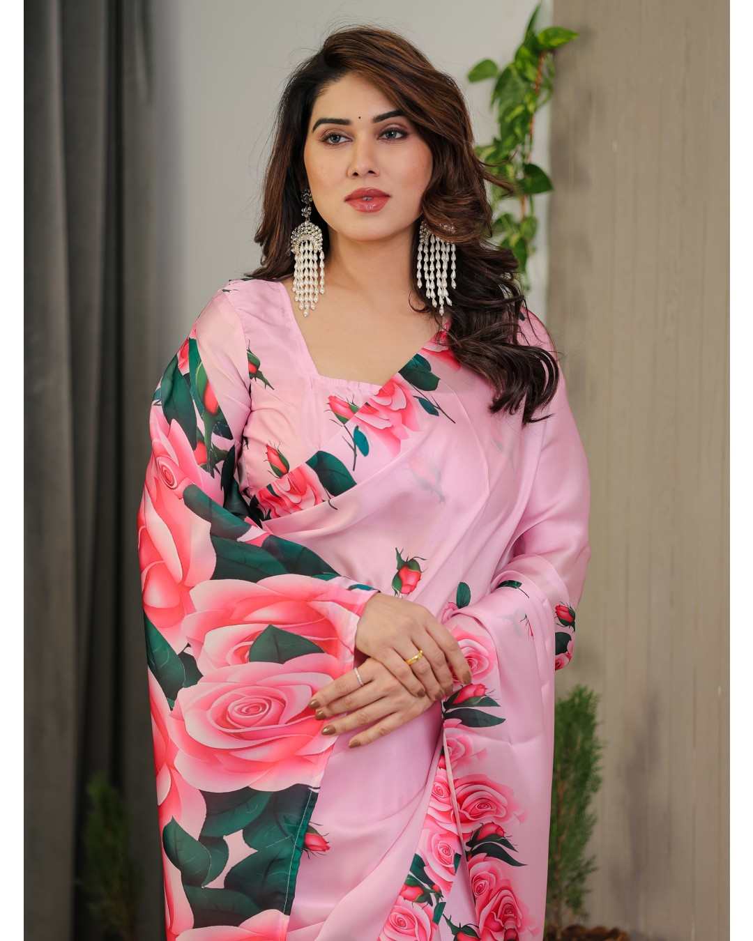 Women’s Fancy Satin Georgette Floral Printed Saree with Attached BP (Pack of 1)