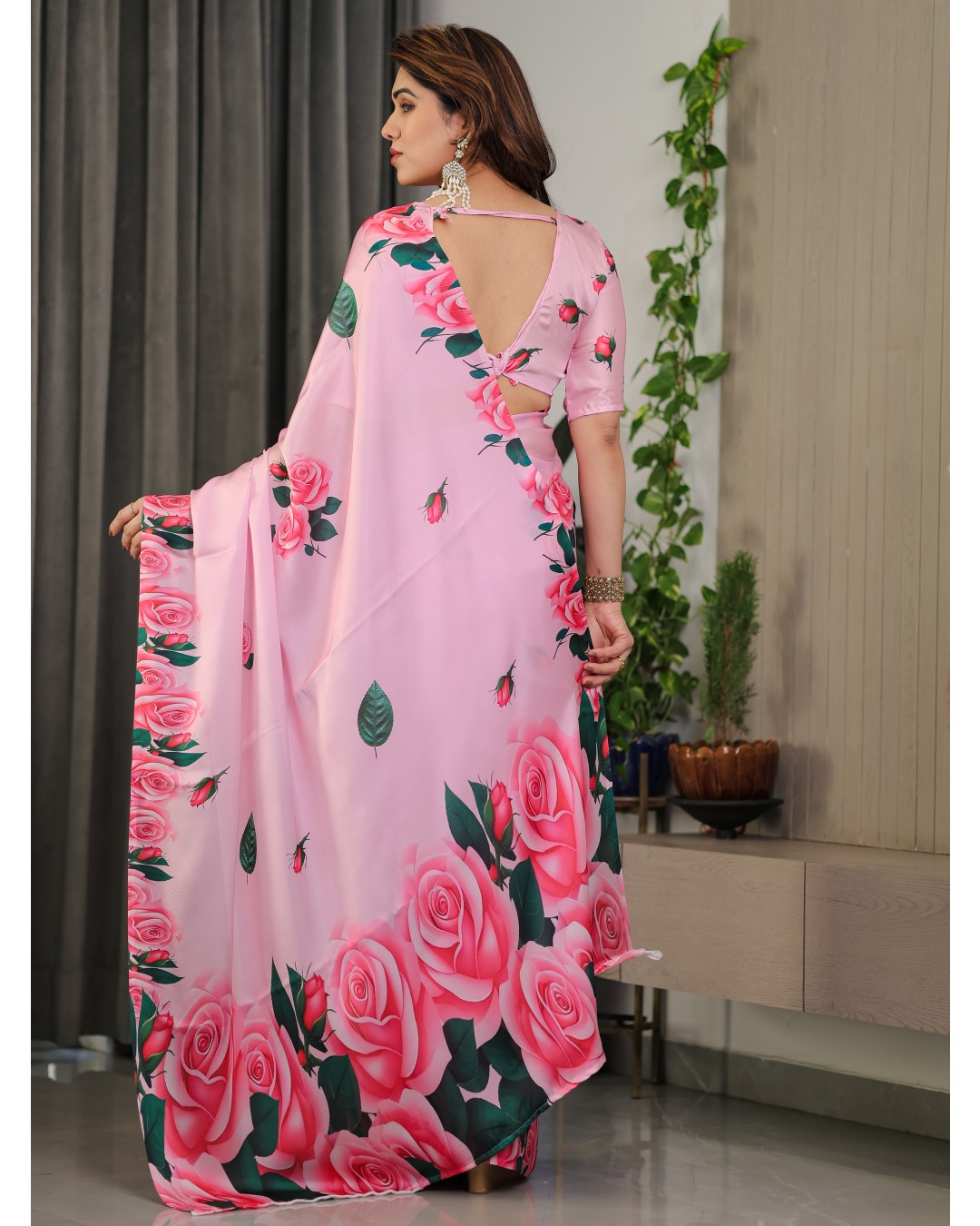 Women’s Fancy Satin Georgette Floral Printed Saree with Attached BP (Pack of 1)