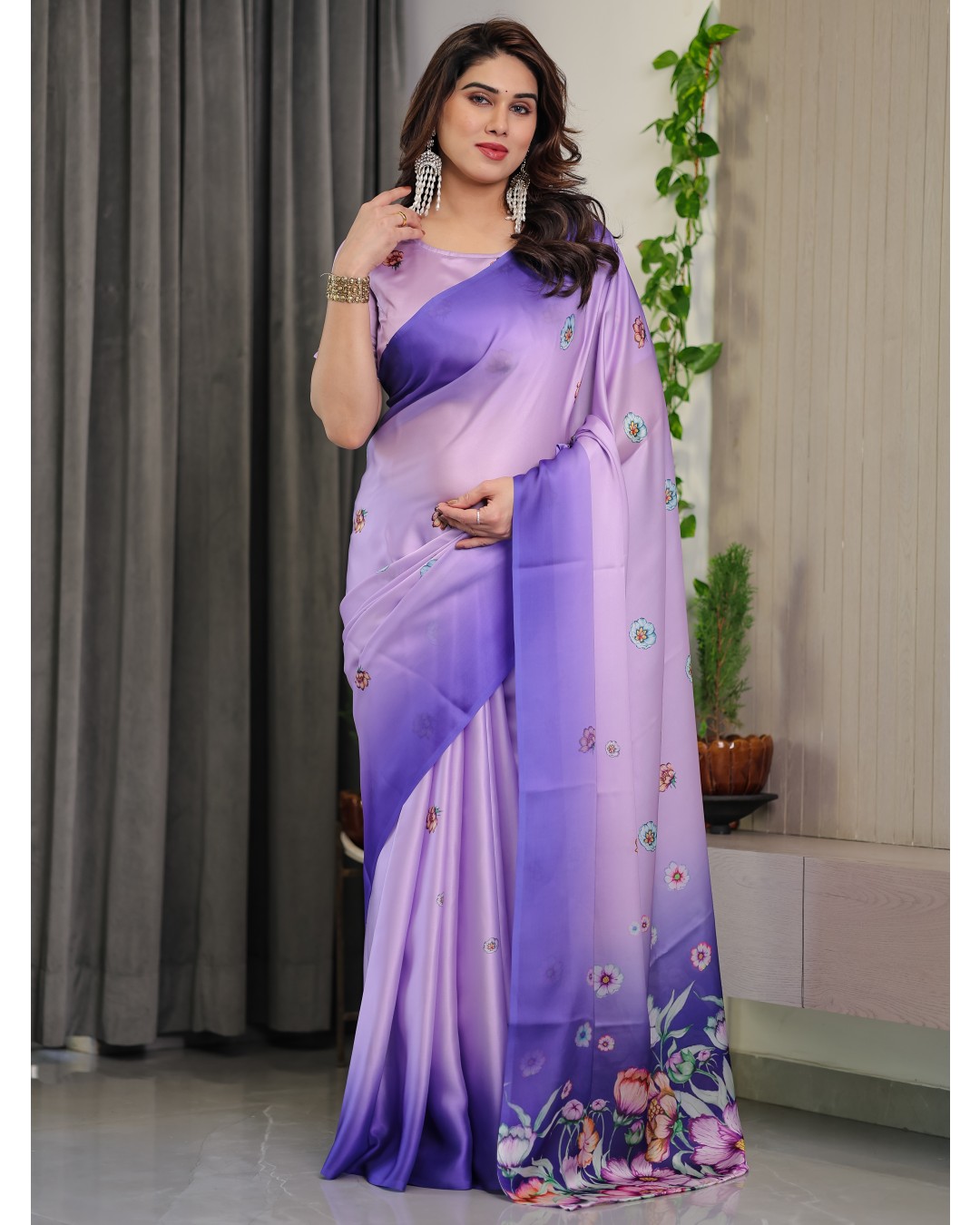 Women’s Fancy Satin Georgette Floral Printed Saree with Attached BP (Pack of 1)