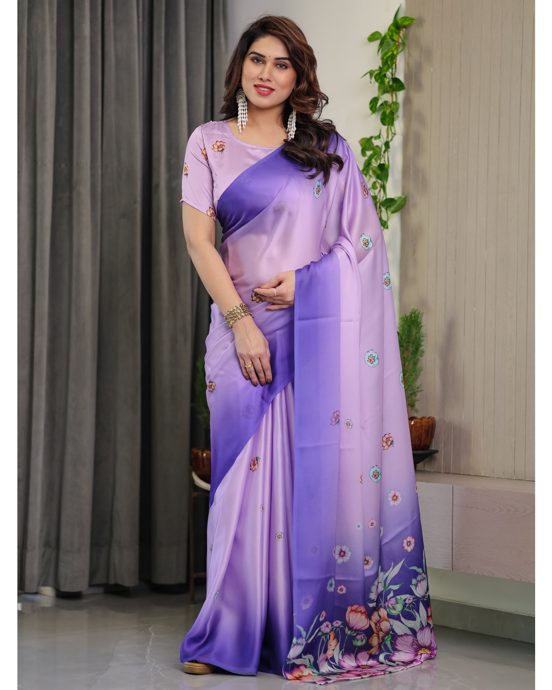 Women’s Fancy Satin Georgette Floral Printed Saree with Attached BP (Pack of 1)