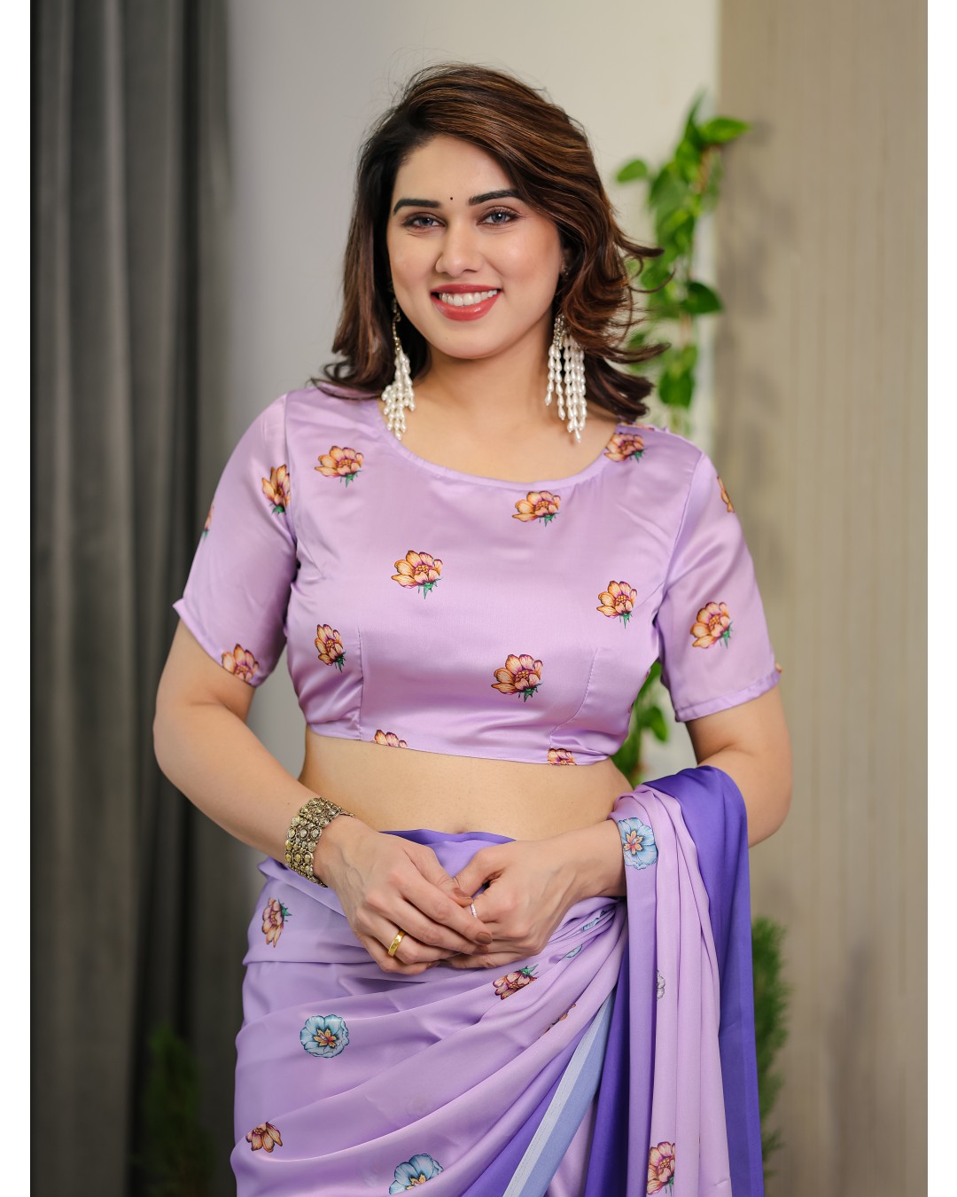 Women’s Fancy Satin Georgette Floral Printed Saree with Attached BP (Pack of 1)