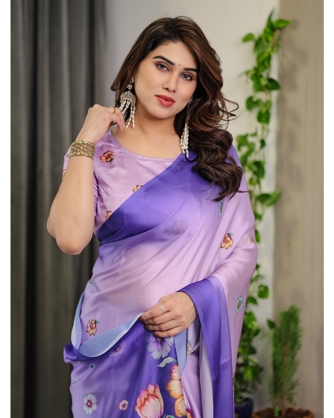 Women’s Fancy Satin Georgette Floral Printed Saree with Attached BP (Pack of 1)