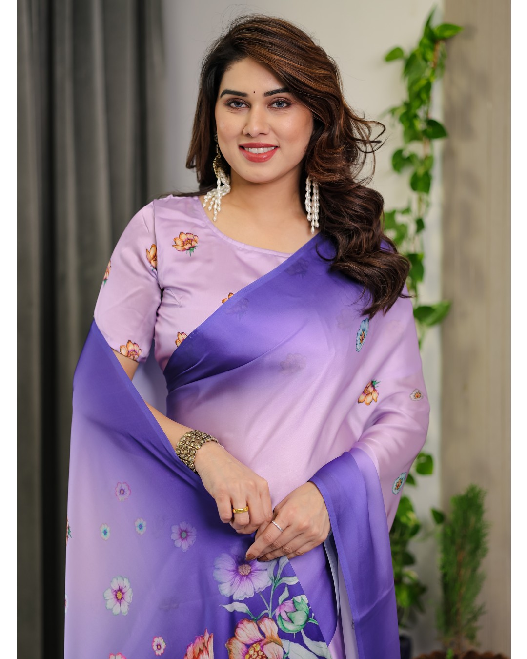 Women’s Fancy Satin Georgette Floral Printed Saree with Attached BP (Pack of 1)