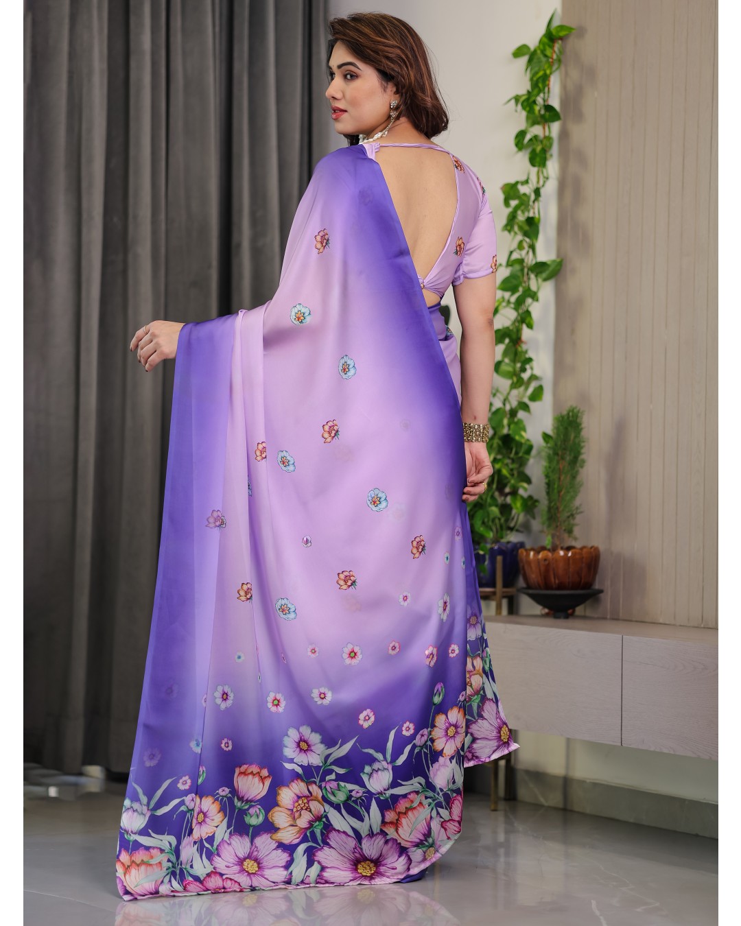 Women’s Fancy Satin Georgette Floral Printed Saree with Attached BP (Pack of 1)