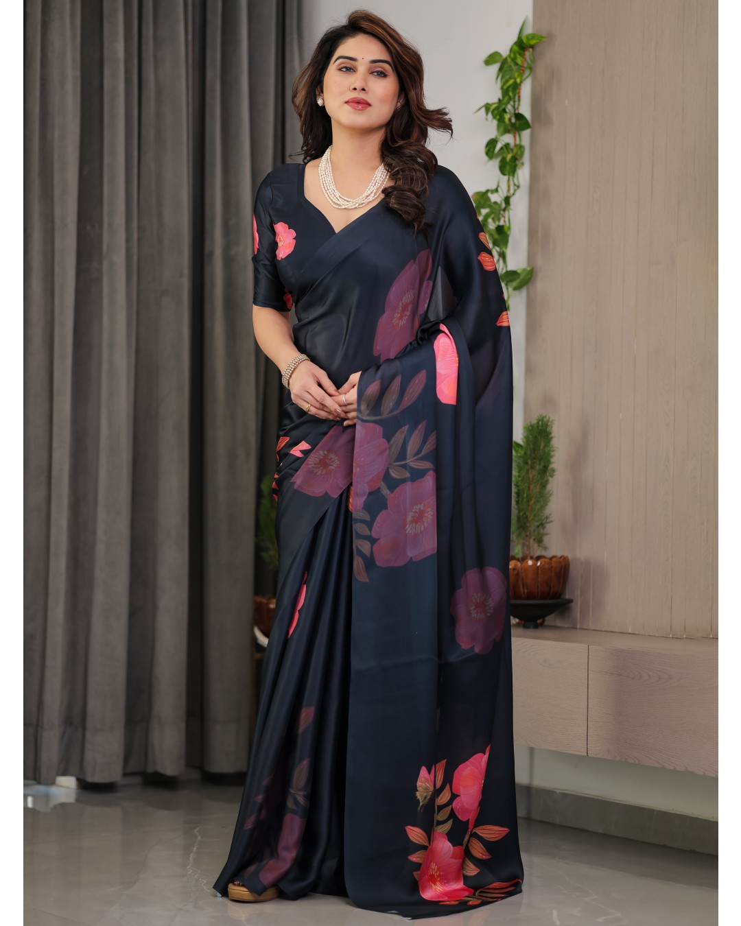 Women’s Fancy Satin Georgette Floral Printed Saree with Attached BP (Pack of 1)