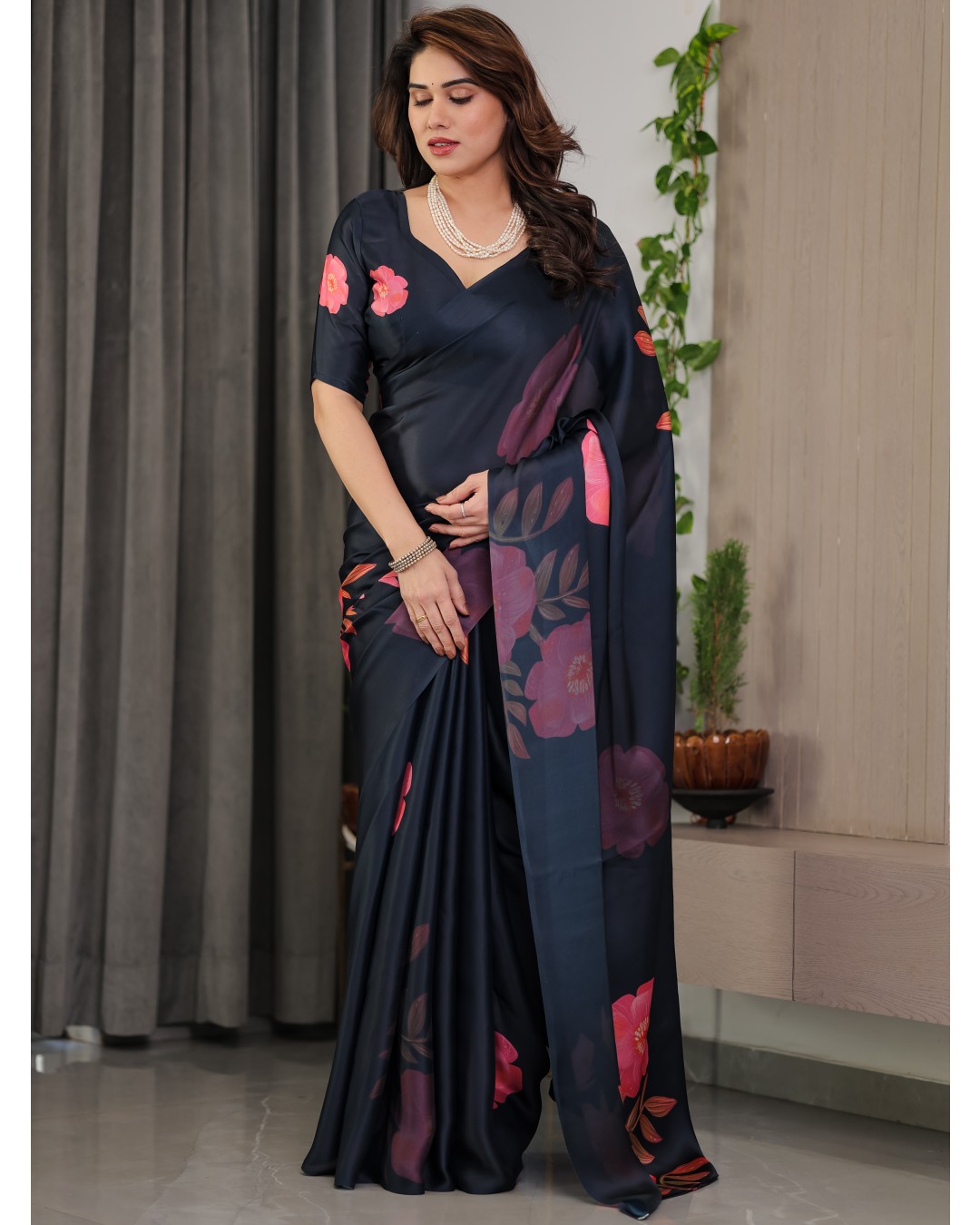 Women’s Fancy Satin Georgette Floral Printed Saree with Attached BP (Pack of 1)