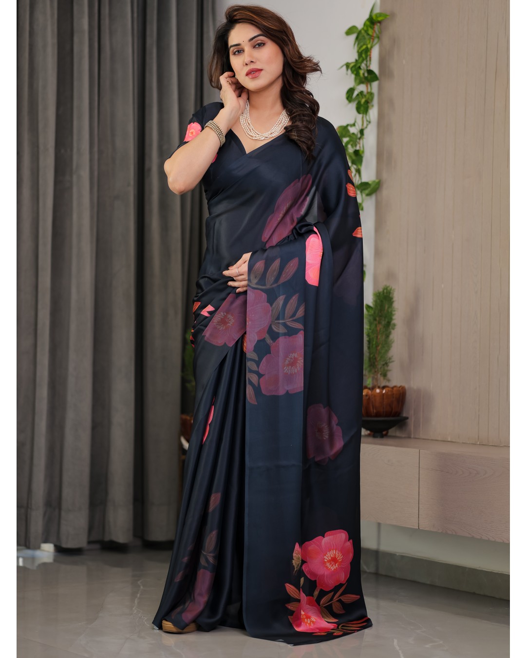 Women’s Fancy Satin Georgette Floral Printed Saree with Attached BP (Pack of 1)
