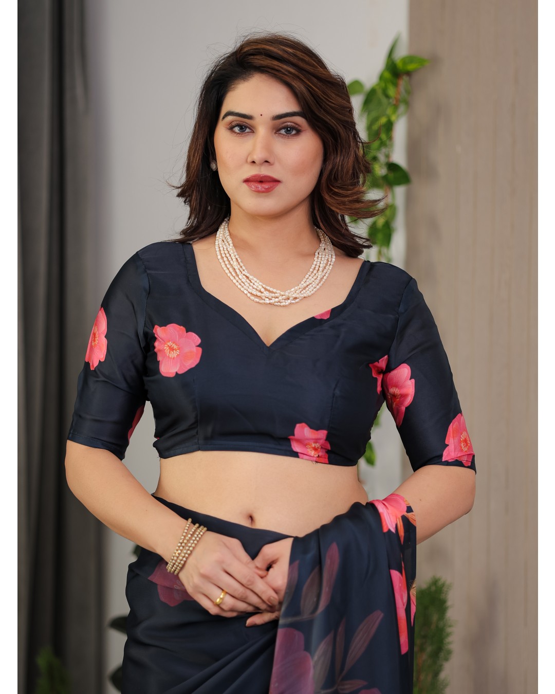 Women’s Fancy Satin Georgette Floral Printed Saree with Attached BP (Pack of 1)