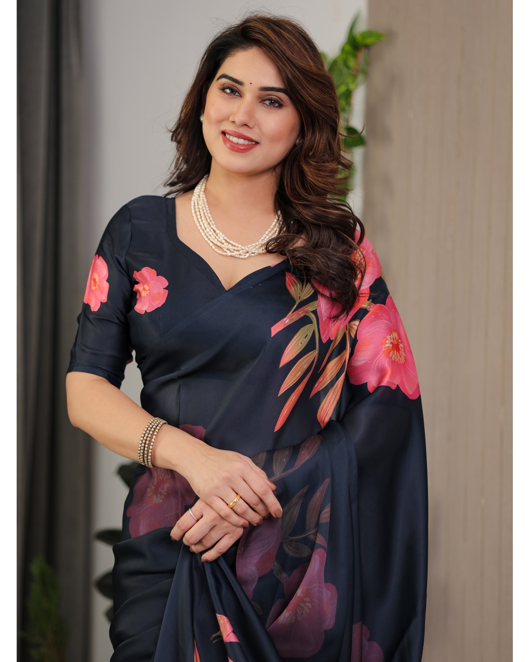 Women’s Fancy Satin Georgette Floral Printed Saree with Attached BP (Pack of 1)