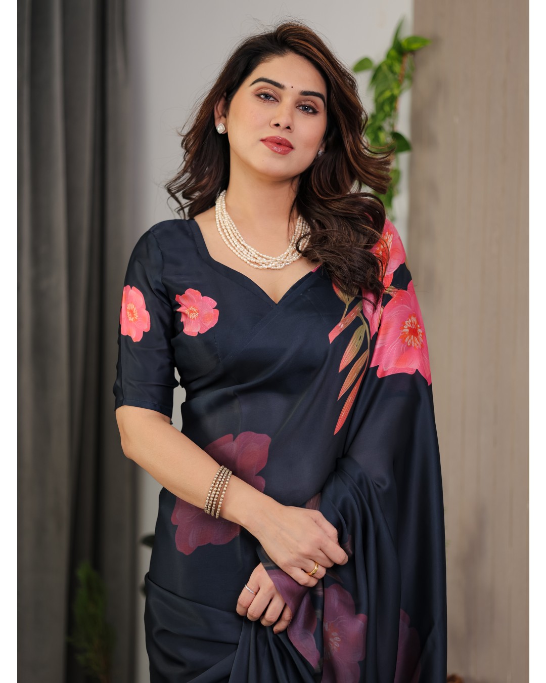 Women’s Fancy Satin Georgette Floral Printed Saree with Attached BP (Pack of 1)