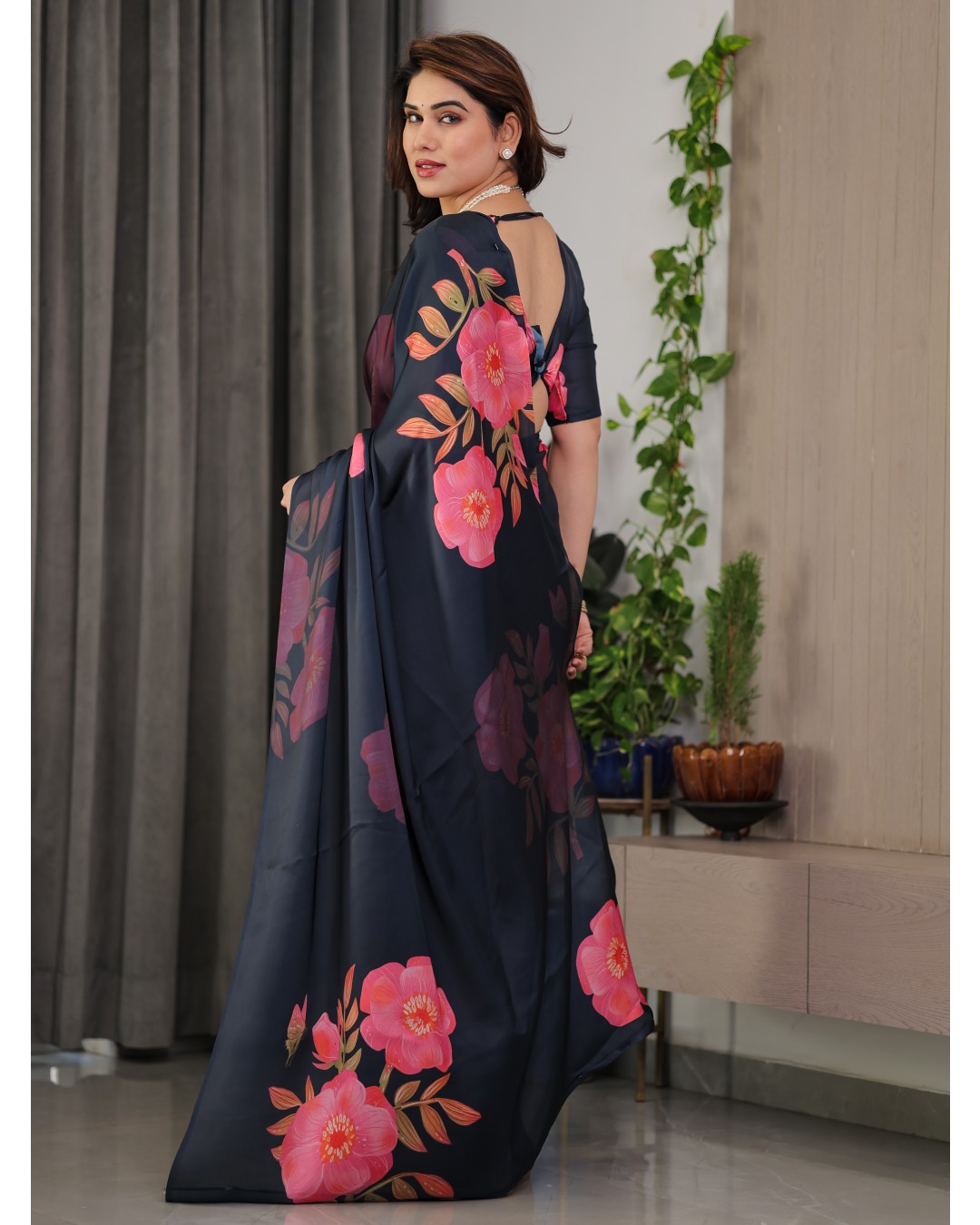 Women’s Fancy Satin Georgette Floral Printed Saree with Attached BP (Pack of 1)