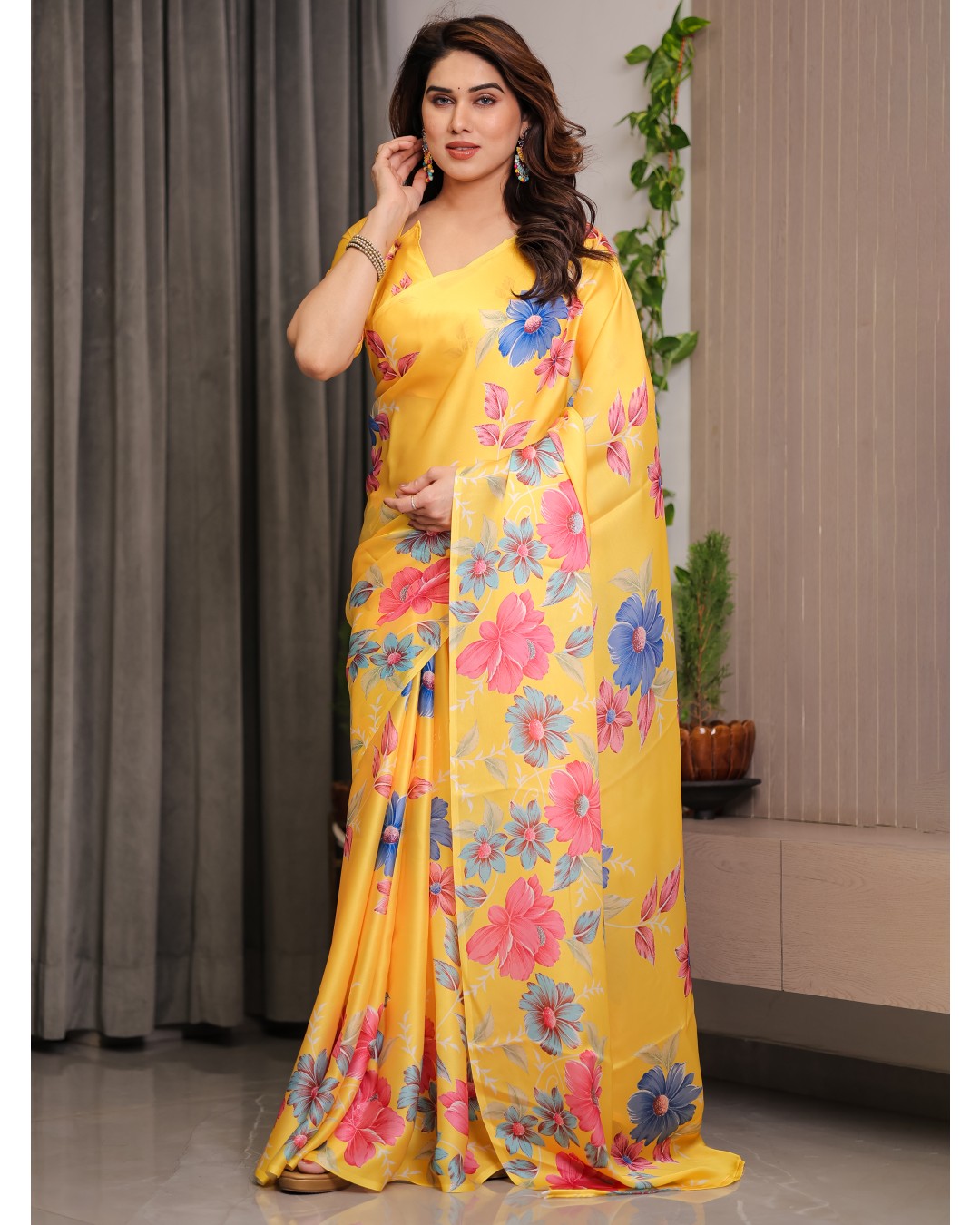 Women's Satin Georgette Floral Printed Saree with Attached BP (Pack of 1)