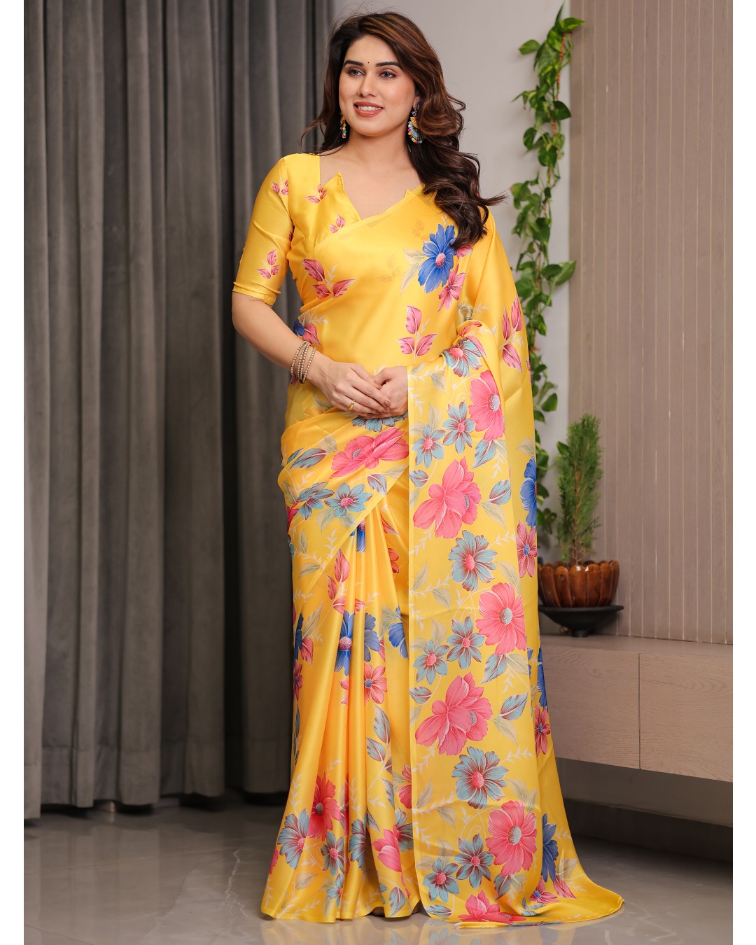 Women's Satin Georgette Floral Printed Saree with Attached BP (Pack of 1)