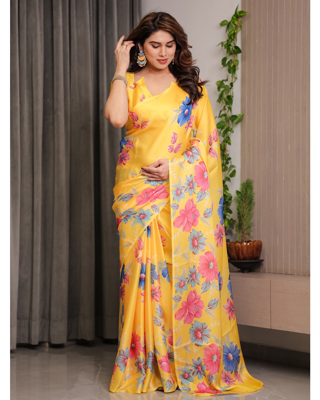 Women's Satin Georgette Floral Printed Saree with Attached BP (Pack of 1)