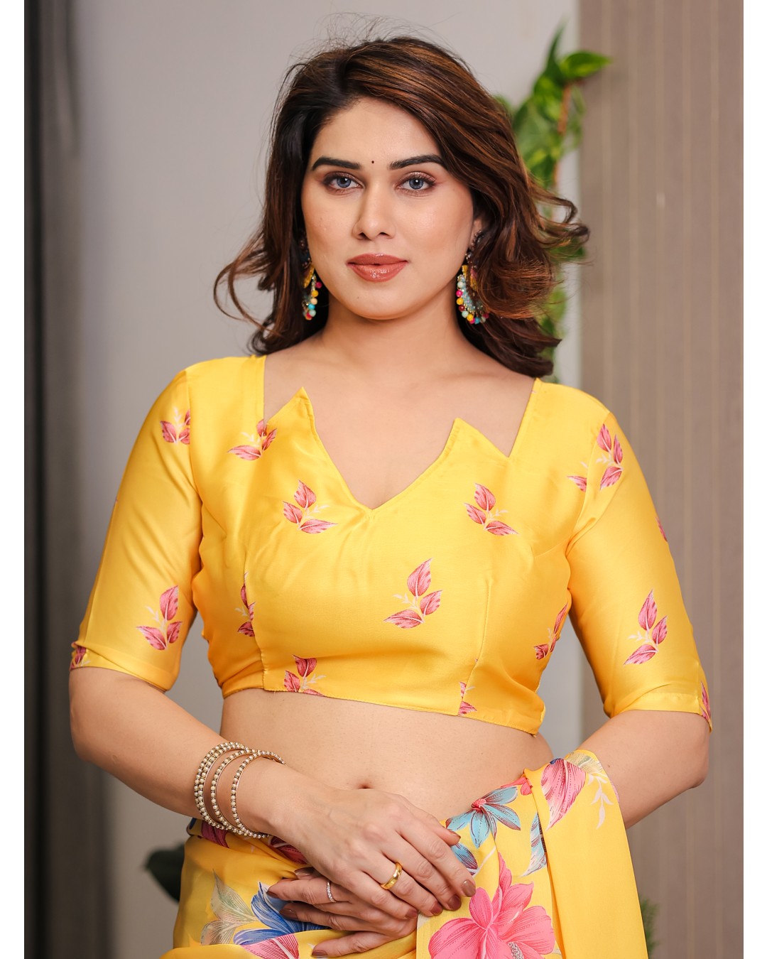 Women's Satin Georgette Floral Printed Saree with Attached BP (Pack of 1)