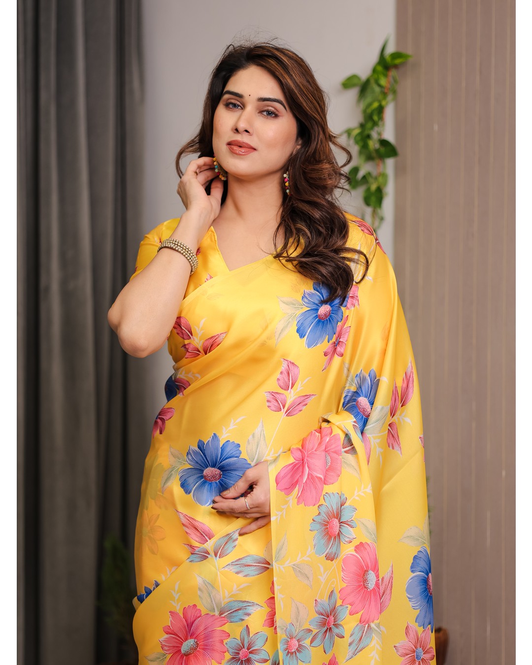Women's Satin Georgette Floral Printed Saree with Attached BP (Pack of 1)