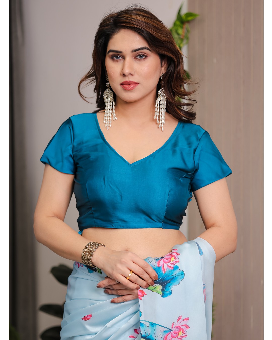 Women's Satin Georgette Floral Printed Saree with Attached BP (Pack of 1)