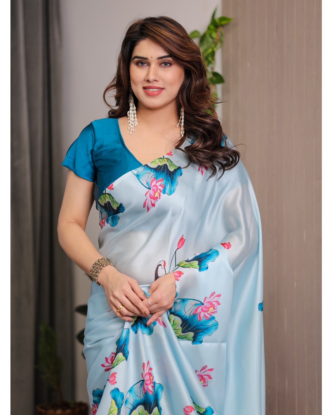 Women's Satin Georgette Floral Printed Saree with Attached BP (Pack of 1)