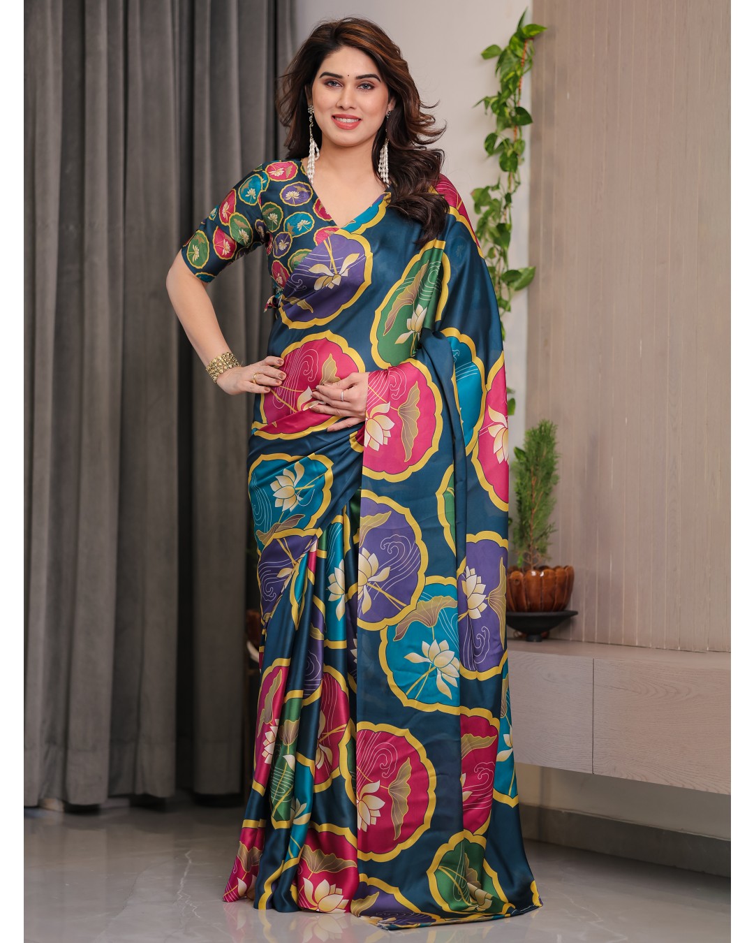 Women's Satin Georgette Floral Printed Saree with Attached BP (Pack of 1)