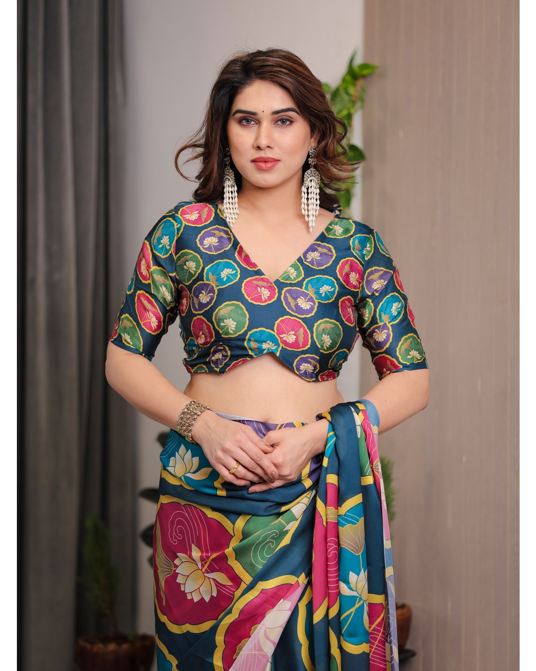 Women's Satin Georgette Floral Printed Saree with Attached BP (Pack of 1)