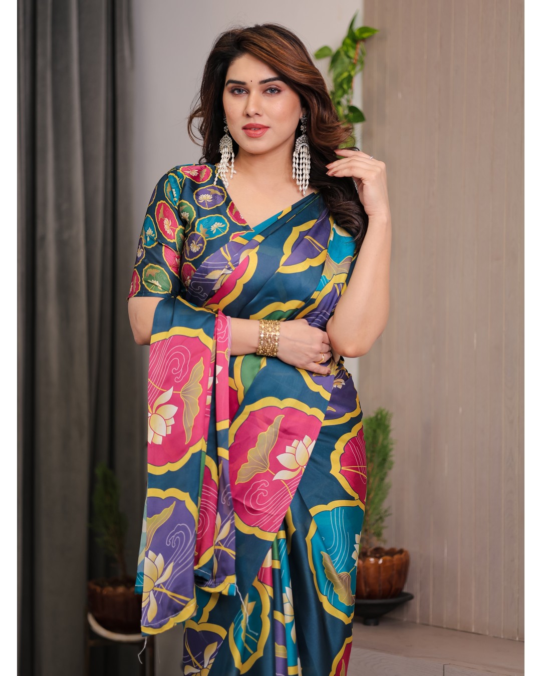 Women's Satin Georgette Floral Printed Saree with Attached BP (Pack of 1)