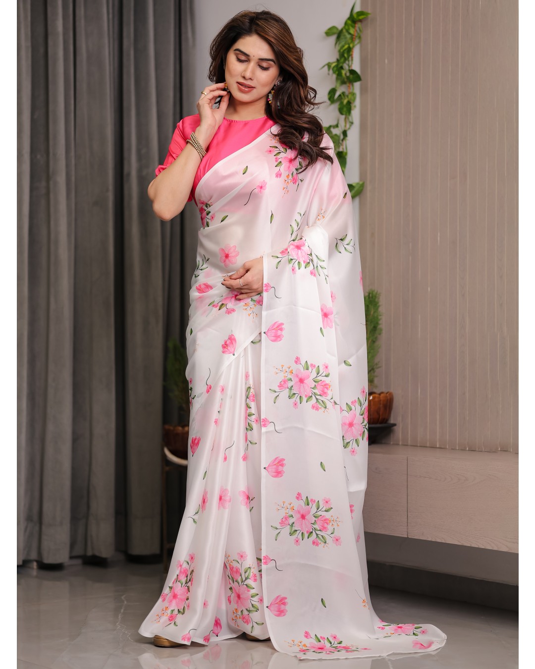 Women's Satin Georgette Floral Printed Saree with Attached BP (Pack of 1)