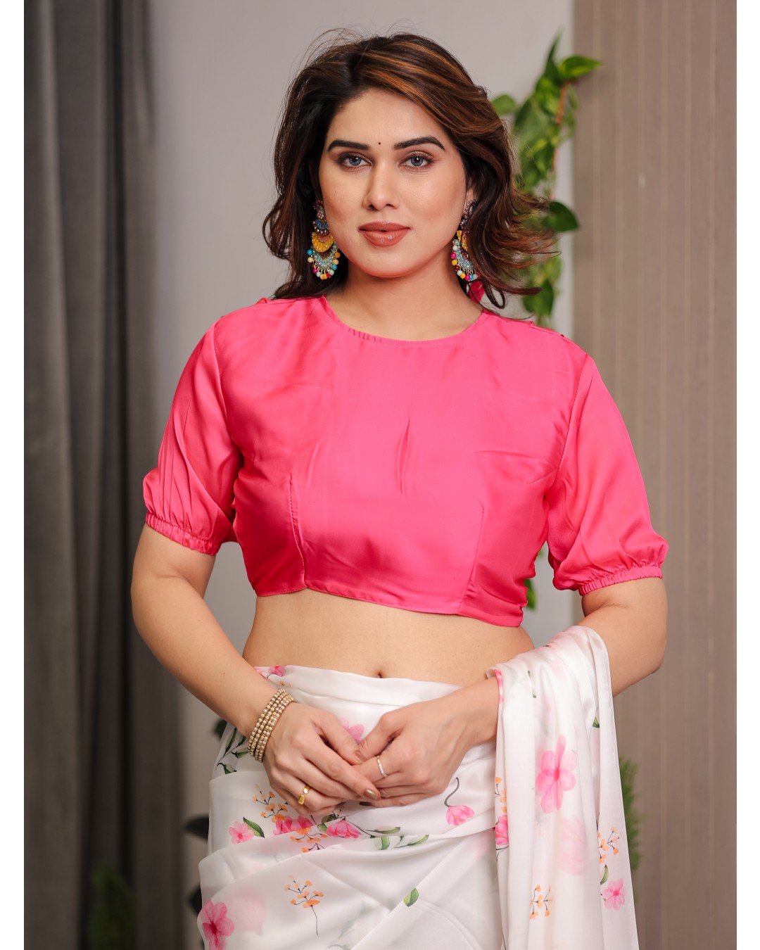 Women's Satin Georgette Floral Printed Saree with Attached BP (Pack of 1)