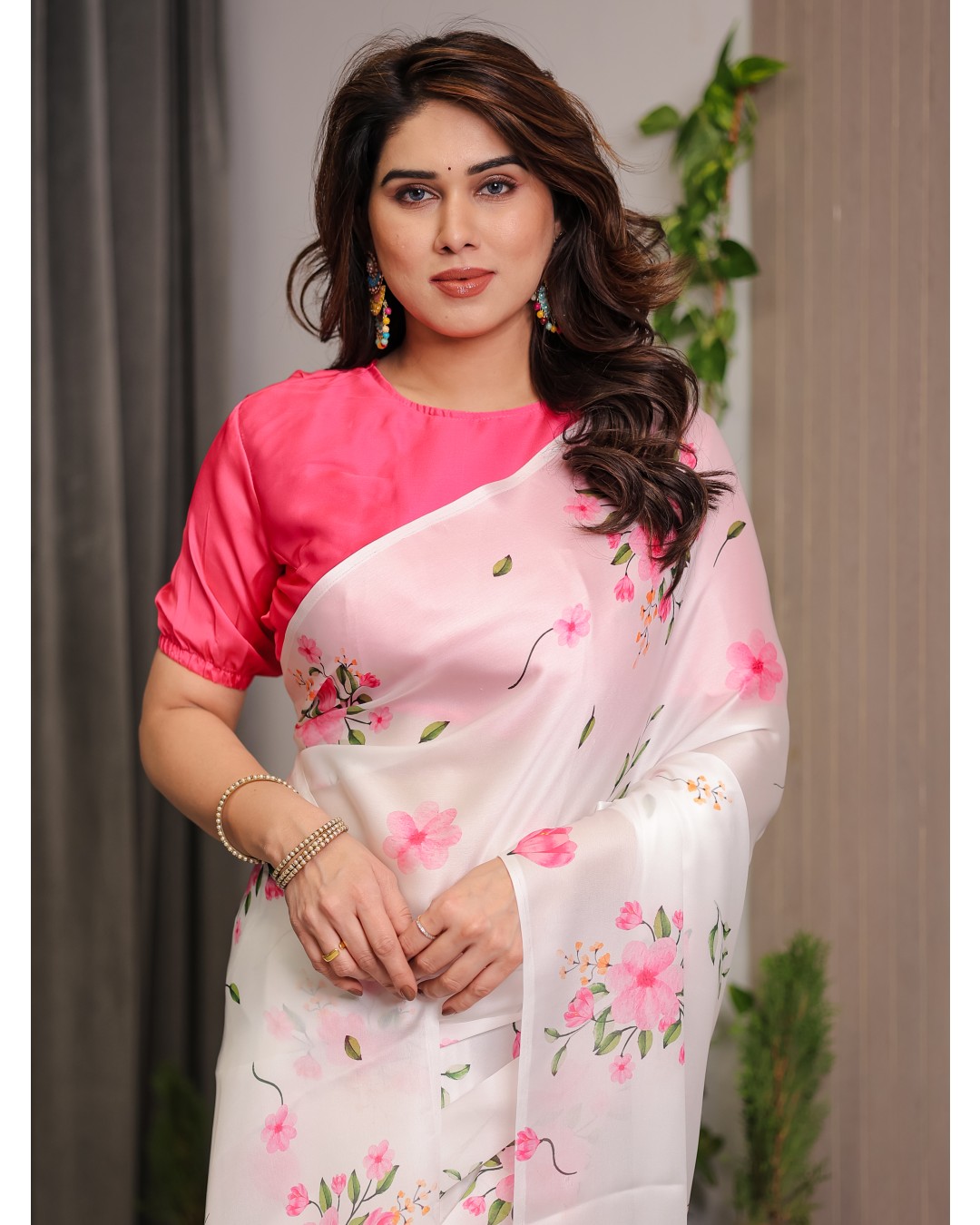 Women's Satin Georgette Floral Printed Saree with Attached BP (Pack of 1)