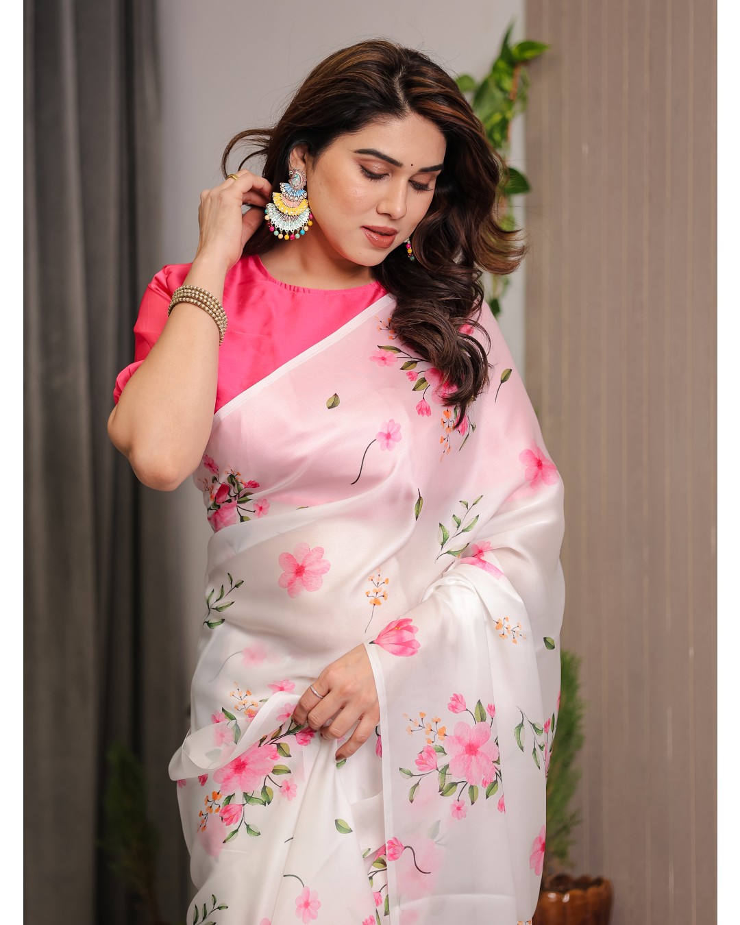 Women's Satin Georgette Floral Printed Saree with Attached BP (Pack of 1)