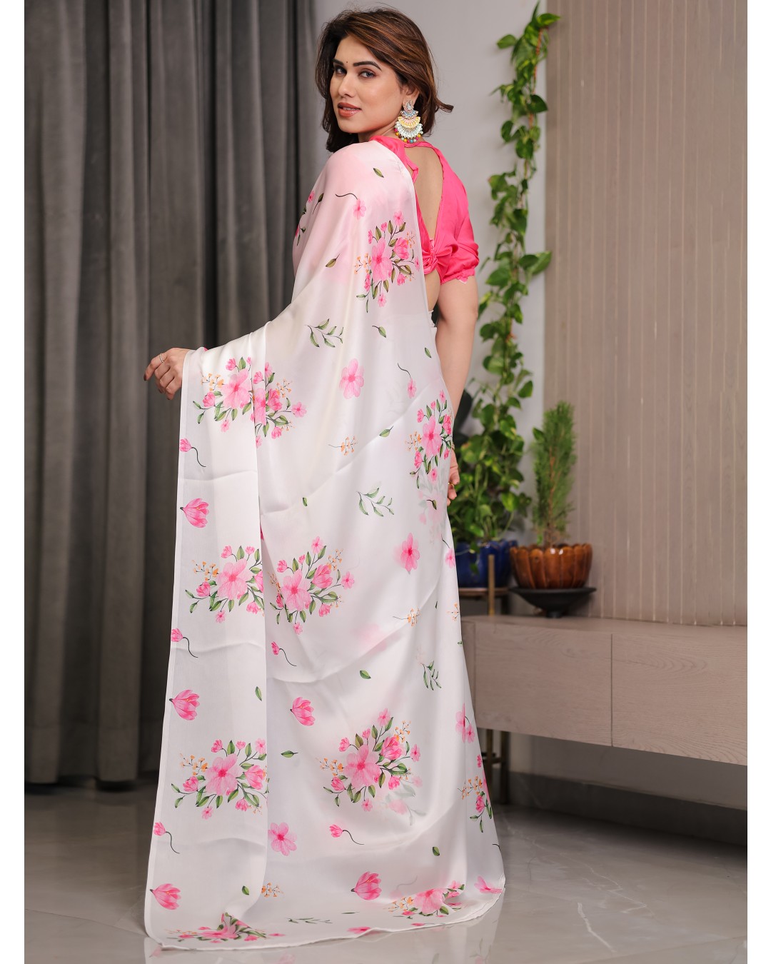 Women's Satin Georgette Floral Printed Saree with Attached BP (Pack of 1)