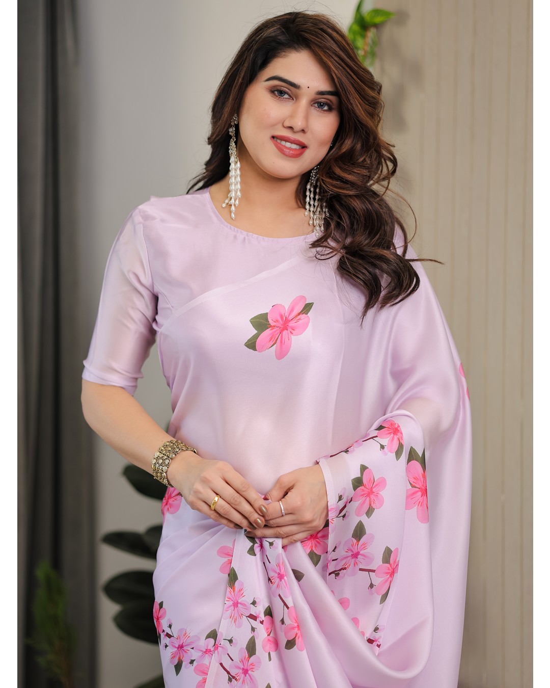 Women's Satin Georgette Floral Printed Saree with Attached BP (Pack of 1)