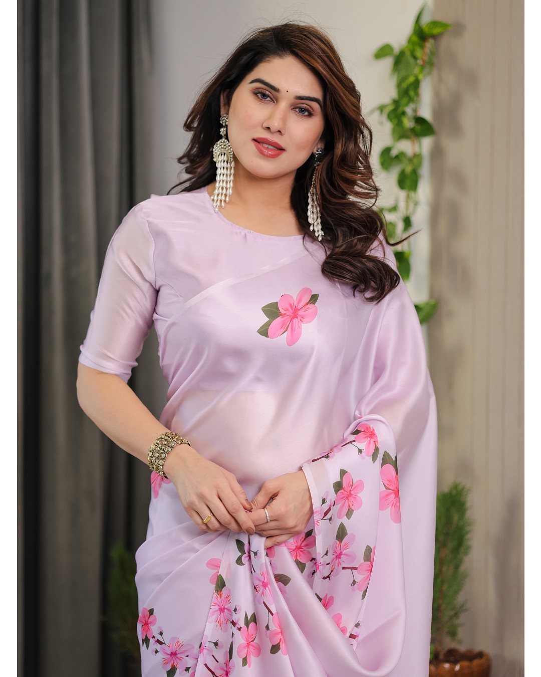 Women's Satin Georgette Floral Printed Saree with Attached BP (Pack of 1)