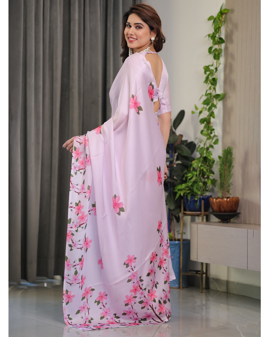 Women's Satin Georgette Floral Printed Saree with Attached BP (Pack of 1)