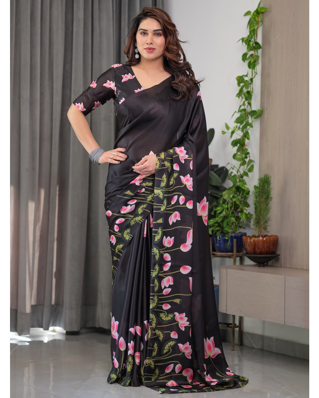 Trendy Satin Georgette Floral Printed Saree with Attached BP (Pack of 1)