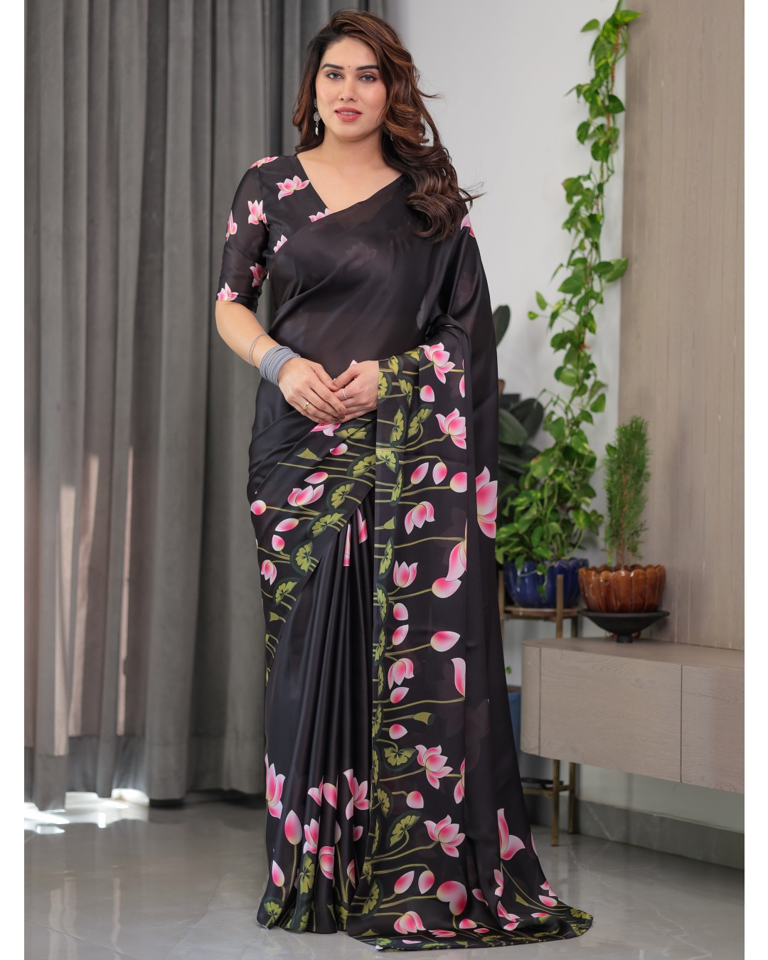 Trendy Satin Georgette Floral Printed Saree with Attached BP (Pack of 1)