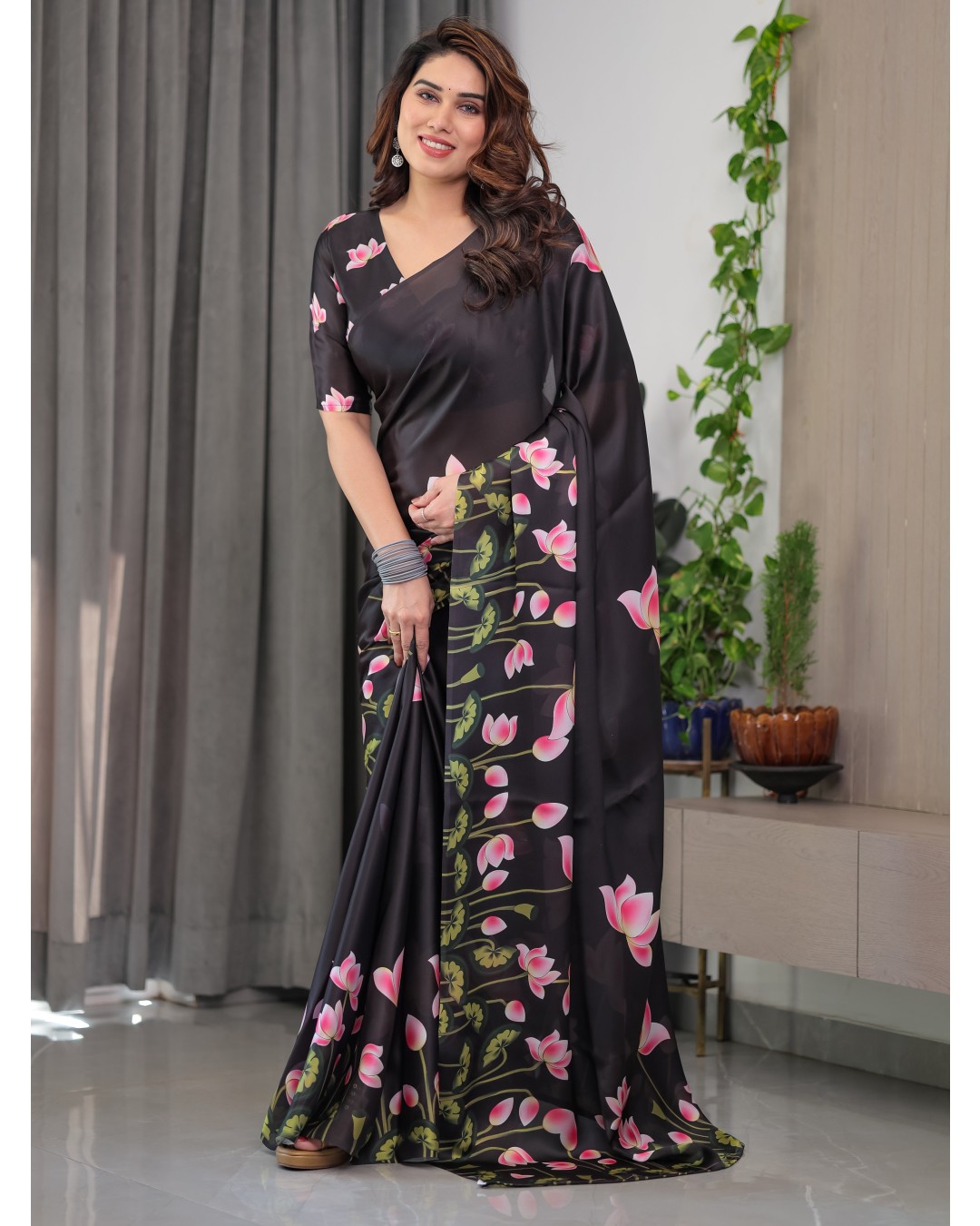 Trendy Satin Georgette Floral Printed Saree with Attached BP (Pack of 1)