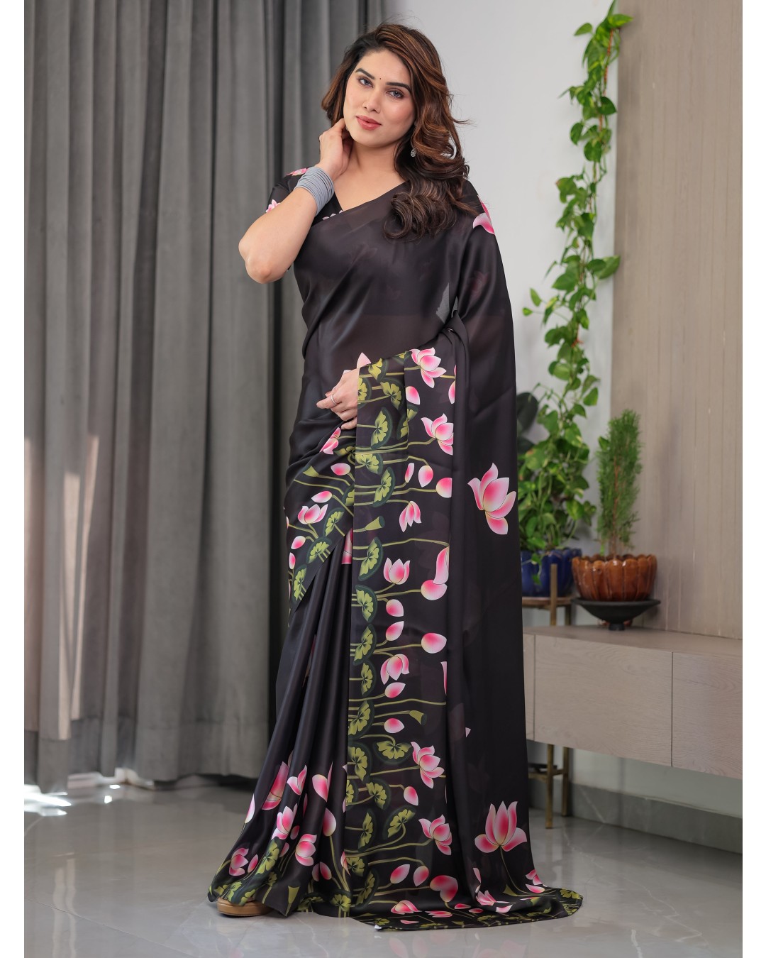 Trendy Satin Georgette Floral Printed Saree with Attached BP (Pack of 1)