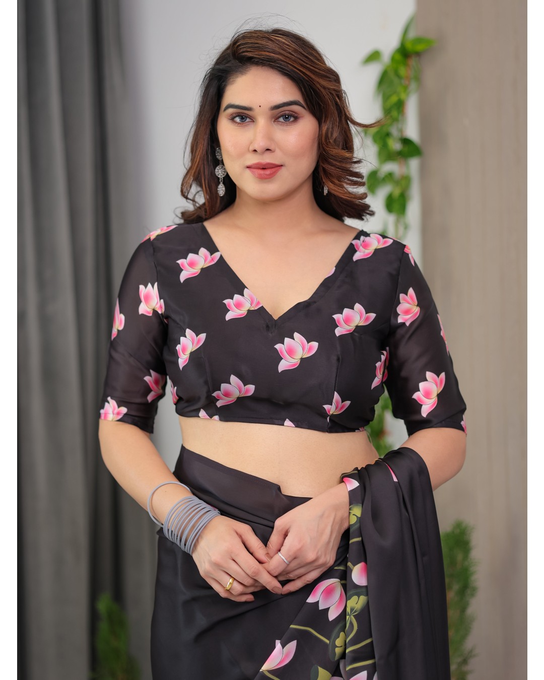 Trendy Satin Georgette Floral Printed Saree with Attached BP (Pack of 1)