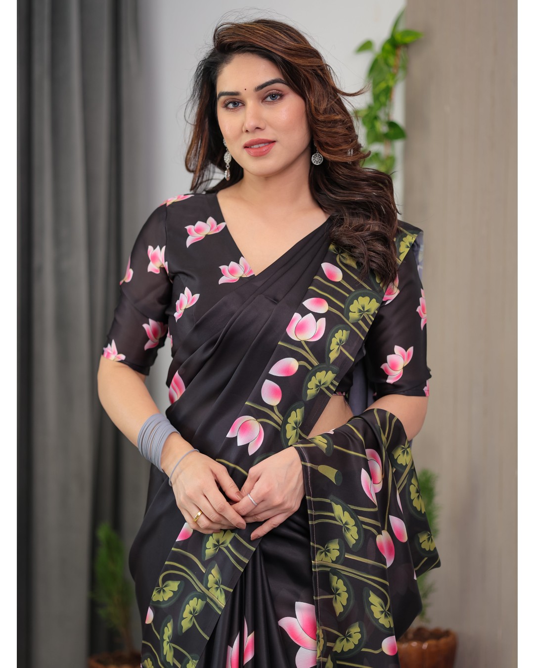 Trendy Satin Georgette Floral Printed Saree with Attached BP (Pack of 1)