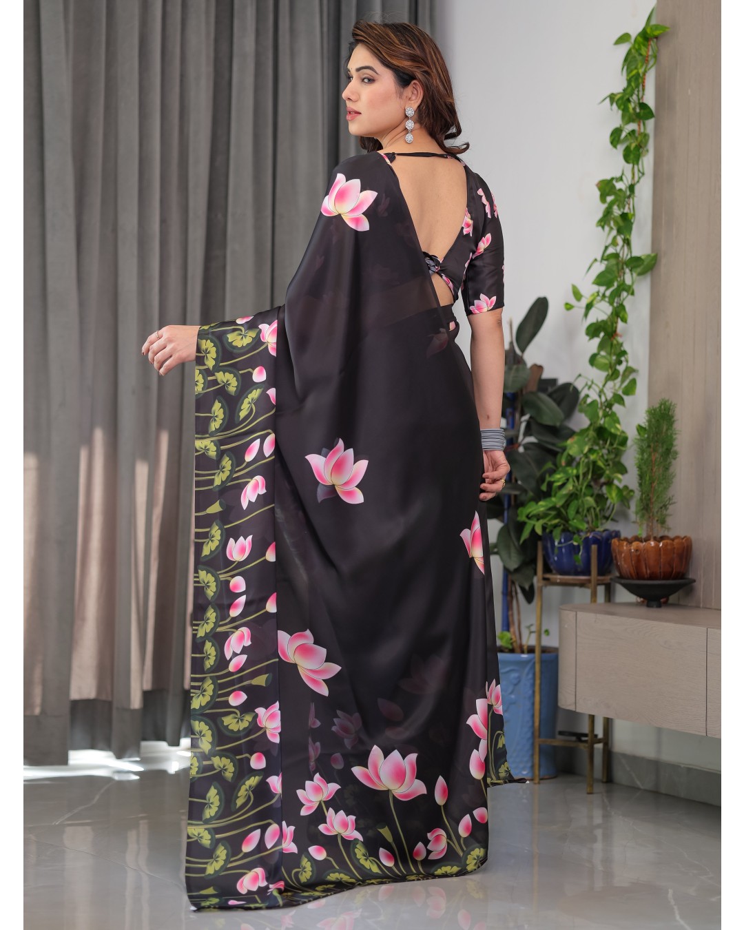 Trendy Satin Georgette Floral Printed Saree with Attached BP (Pack of 1)