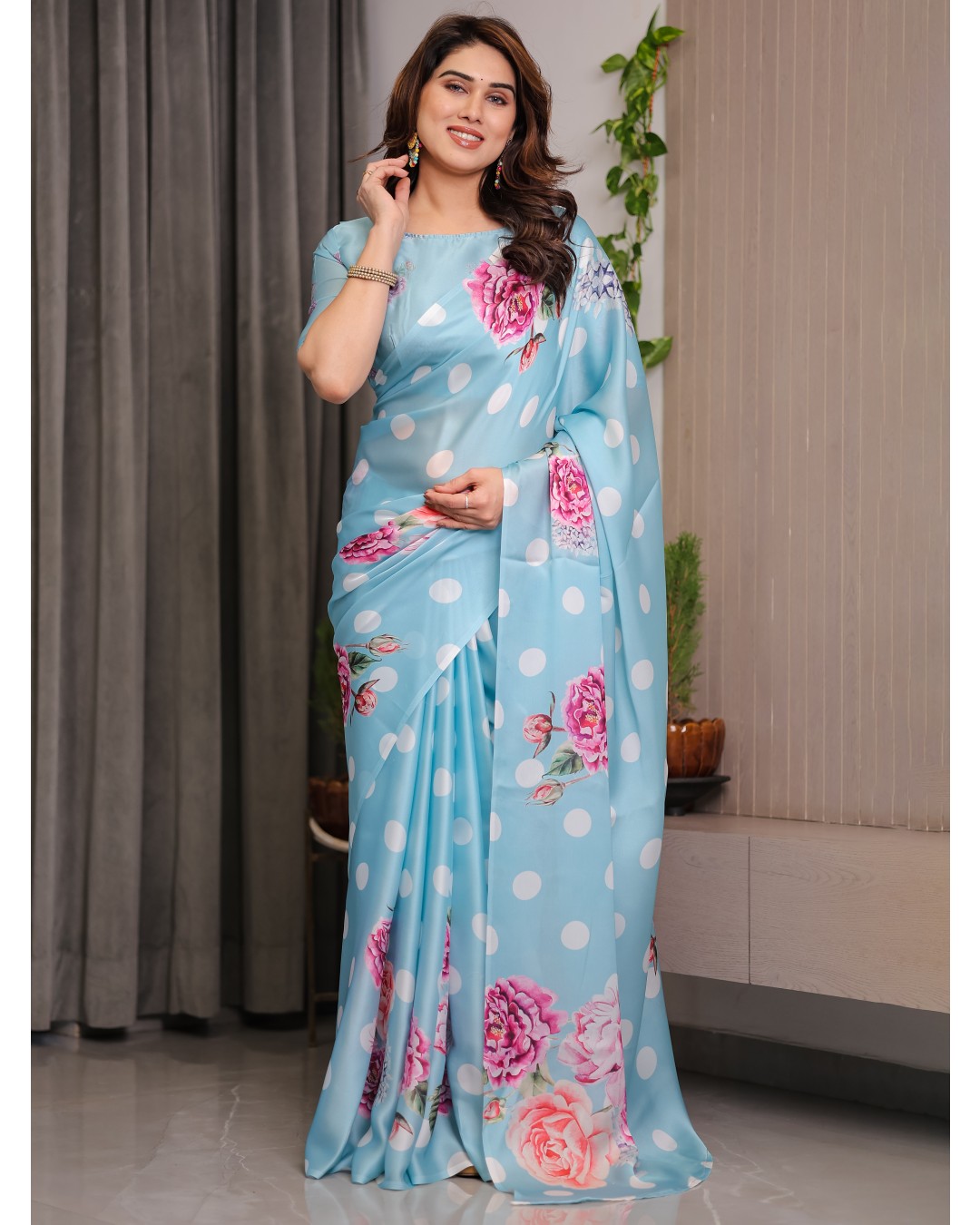 Trendy Satin Georgette Floral Printed Saree with Attached BP (Pack of 1)