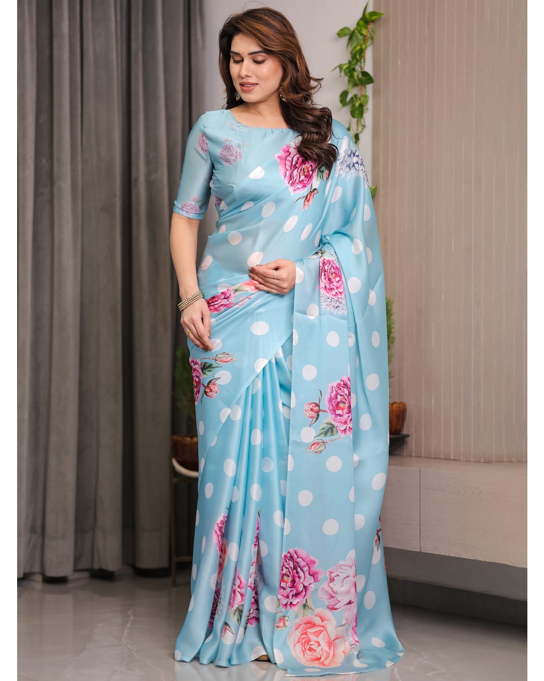 Trendy Satin Georgette Floral Printed Saree with Attached BP (Pack of 1)