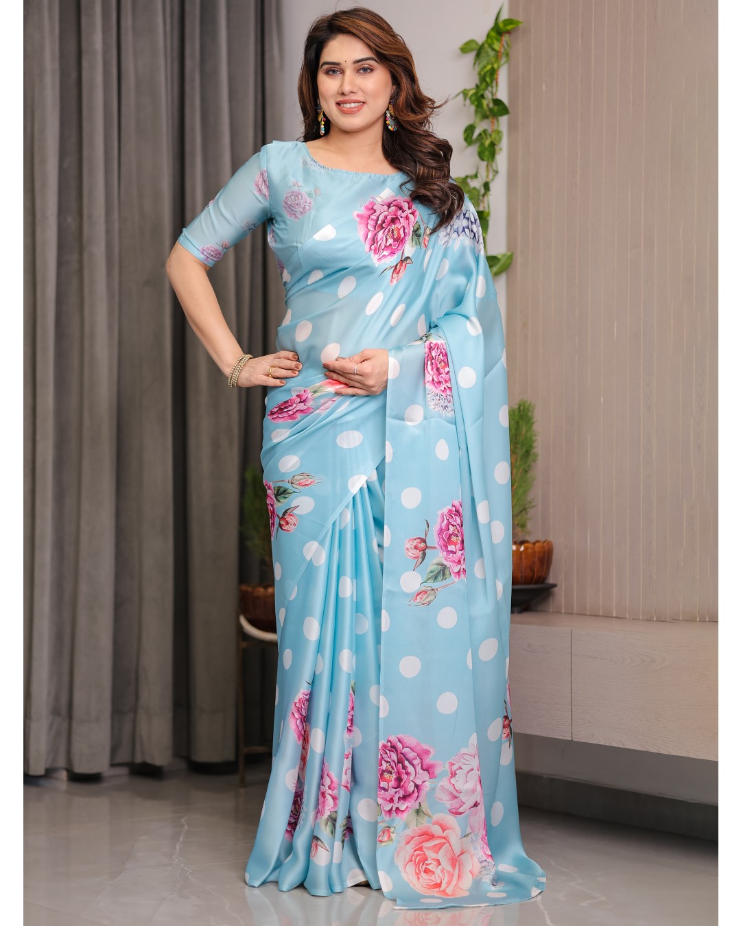 Trendy Satin Georgette Floral Printed Saree with Attached BP (Pack of 1)