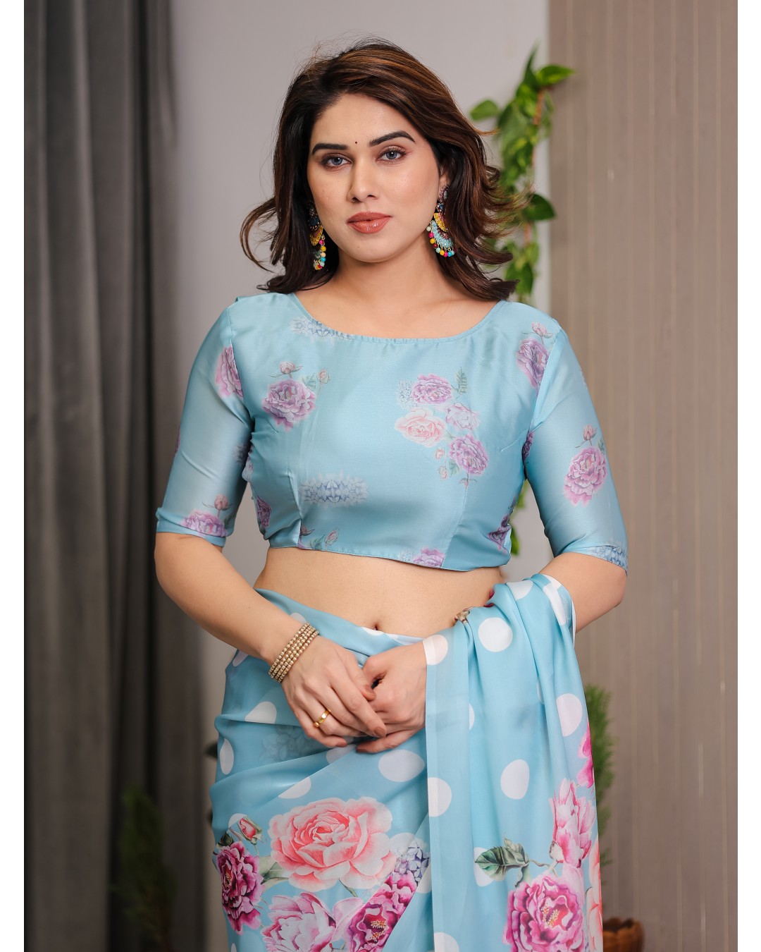 Trendy Satin Georgette Floral Printed Saree with Attached BP (Pack of 1)