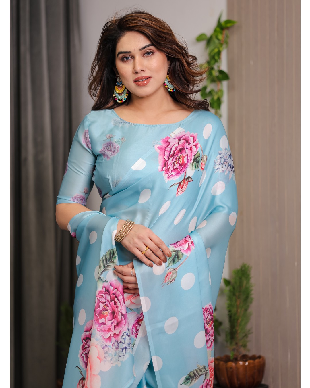 Trendy Satin Georgette Floral Printed Saree with Attached BP (Pack of 1)