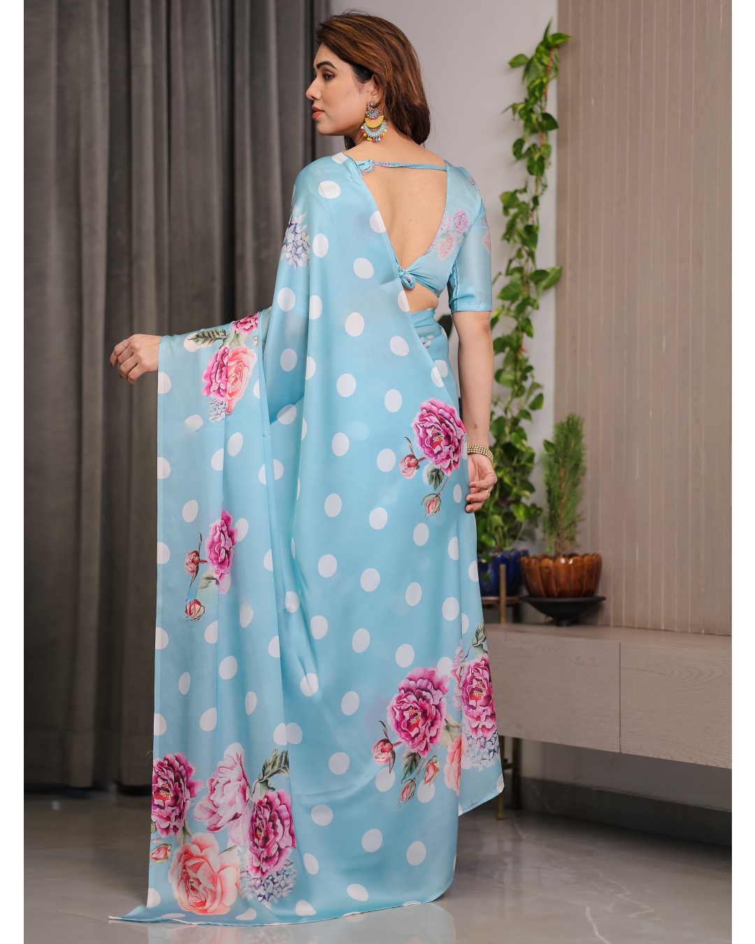 Trendy Satin Georgette Floral Printed Saree with Attached BP (Pack of 1)