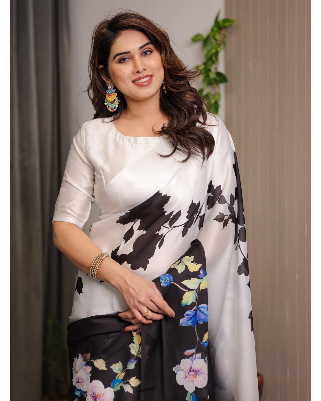 Trendy Satin Georgette Floral Printed Saree with Attached BP (Pack of 1)